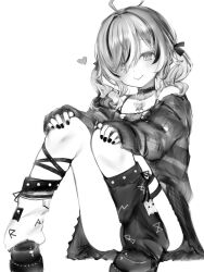 Rule 34 | 1girl, :p, absurdres, ahoge, asymmetrical legwear, bare legs, choker, collarbone, dot nose, full body, greyscale, hair over one eye, hands on own knees, heart, highres, hololive, hololive english, jewelry, knees together feet apart, leg belt, light blush, long sleeves, looking at viewer, loose socks, medium hair, mismatched legwear, monochrome, multicolored hair, nail polish, nanashi (nlo), nanashi mumei, nanashi mumei (emo), off shoulder, official alternate costume, pendant, simple background, sitting, sleeves past wrists, smile, socks, solo, streaked hair, tongue, tongue out, twintails, virtual youtuber