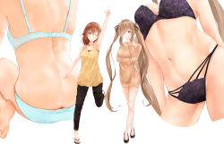 Rule 34 | 10s, 2girls, alternate costume, arm up, back, barefoot, black bra, blue bra, blue panties, bra, bra visible through clothes, brown eyes, brown hair, butt crack, dress, full body, grin, hair between eyes, irohakaede, kantai collection, long hair, long sleeves, multiple girls, multiple views, murasame (kancolle), navel, one eye closed, panties, pointing, pointing up, sandals, shiratsuyu (kancolle), short hair, simple background, sitting, smile, standing, twintails, underwear, white background, yellow dress