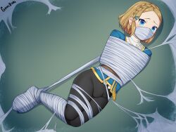Rule 34 | 1boy, alex (mollyyo), arms behind back, artist name, bdsm, blonde hair, blue eyes, blush, bondage, bound, braid, bulge, commentary, commission, cosplay, covered mouth, english commentary, french braid, goki buri, hair ornament, highres, male focus, nintendo, original, pantyhose, princess zelda, princess zelda (cosplay), restrained, second-party source, shibari, short hair, silk, solo, spider web, the legend of zelda, the legend of zelda: breath of the wild, the legend of zelda: tears of the kingdom, trap, wig