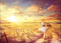 Rule 34 | 1girl, bad id, bad pixiv id, blue eyes, bow, bowtie, cloud, cross, dress, flower, grave, graveyard, meadow, original, outstretched arms, petals, scenery, sinsora, solo, spread arms, standing, standing on one leg, sunlight, sunset, white hair, wide shot, wind