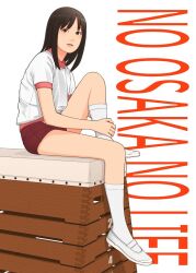 Rule 34 | 1girl, azumanga daiou, brown eyes, brown hair, buruma, character name, commentary request, expressionless, from side, full body, guest art, gym shirt, gym uniform, hand on own ankle, hugging own legs, kasuga ayumu, knee up, kneehighs, lips, looking at viewer, looking to the side, medium hair, nose, parted lips, pink shirt, realistic, red buruma, second-party source, shinchou ni kansuru kousatsu, shirt, shoes, short sleeves, simple background, sitting, socks, solo, t-shirt, title, two-tone shirt, uwabaki, vaulting horse, white background, white footwear, white shirt, white socks