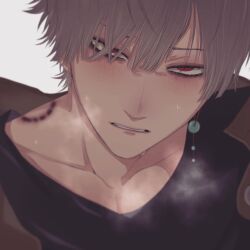 Rule 34 | 1boy, bandaid, bite mark, black shirt, blush, close-up, collarbone, commentary request, curtained hair, earrings, grey background, grey hair, highres, jewelry, looking at viewer, male focus, munimuni muniwo, narrowed eyes, original, parted lips, portrait, red eyes, sanpaku, shirt, short hair, single earring, solo, steam from mouth, sweat