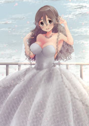 Rule 34 | 1girl, absurdres, alternate costume, breasts, bridal veil, brown eyes, dress, grey hair, hair between eyes, highres, jewelry, kantai collection, large breasts, long hair, looking at viewer, mizunototori, necklace, outdoors, pola (kancolle), railing, sky, smile, solo, standing, strapless, strapless dress, veil, wavy hair, wedding dress, white dress