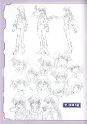 Rule 34 | 1girl, blonde hair, character name, character sheet, expressions, long hair, monochrome, multiple views, official art, production sketches, purple theme, sketch, tenjouin asuka, yu-gi-oh!, yu-gi-oh! gx