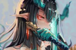 Rule 34 | 1girl, arknights, bare shoulders, black hair, commentary, dusk (arknights), grey background, highres, holding, horns, long hair, looking at viewer, novarece, pointy ears, portrait, red eyes, reverse grip, simple background, solo