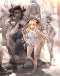Rule 34 | 1girl, 5boys, bad id, bad pixiv id, beard, blonde hair, blue eyes, breasts, bulge, chest hair, cleavage, completely nude, draph, drill hair, erection, erection under clothes, facial hair, granblue fantasy, highres, horns, imminent rape, large breasts, long hair, mizuki takehito, multiple boys, nipples, nude, pointy ears, razia, red hair, same-sex bathing, shared bathing, towel, very long hair