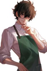 Rule 34 | 1boy, absurdres, amamiya ren, apron, artist name, black-framed eyewear, black hair, closed mouth, collared shirt, commentary, glasses, green apron, highres, looking at viewer, male focus, persona, persona 5, shiiyou, shirt, short hair, simple background, smile, solo, twitter username, upper body, white background, white shirt