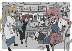 Rule 34 | 1boy, 5girls, absurdres, ahoge, all fours, amin (aminimint), apron, black jacket, black skirt, black vest, blonde hair, blue eyes, blue hair, blue shirt, bocchi the rock!, cat, chair, closed eyes, clothes around waist, collared shirt, cup, dot nose, fisheye, gotoh hitori, highres, hiroi kikuri, ijichi nijika, indoors, jacket, kita ikuyo, long hair, long sleeves, mary janes, multiple girls, one side up, open mouth, orange eyes, partially colored, pink hair, plate, raised eyebrows, red hair, restaurant, shaded face, shirt, shoes, short sleeves, side ponytail, signature, sitting, skirt, sleeves rolled up, socks, spill, standing, sweat, table, television, turn pale, under table, vest, wallet, white shirt, yamada ryo, yellow eyes