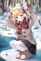 Rule 34 | 1girl, arms up, beret, blonde hair, blue eyes, blurry, blurry background, blush, boots, brown footwear, brown jacket, commentary request, day, depth of field, earmuffs, enuni, fringe trim, full body, grey skirt, hair ornament, hairclip, hat, highres, hoshino sora (enuni), ice, jacket, long hair, long sleeves, looking at viewer, on head, original, outdoors, parted lips, plaid, plaid scarf, plaid skirt, pleated skirt, rabbit hair ornament, rabbit pose, red scarf, scarf, skirt, sleeves past wrists, snow, snow rabbit, solo, squatting, thighhighs, thighhighs under boots, water, white hat, white thighhighs