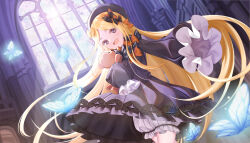 Rule 34 | 1girl, :d, abigail williams (fate), blonde hair, bloomers, bow, dutch angle, fate/grand order, fate (series), flan (f l an), hair bow, hat, highres, hugging doll, hugging object, indoors, multiple hair bows, open mouth, orange bow, purple eyes, sleeves past fingers, sleeves past wrists, smile, solo, stuffed animal, stuffed toy, teddy bear, underwear, white bloomers, window