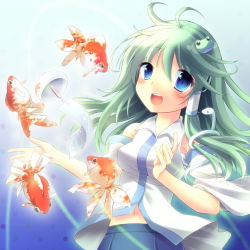 Rule 34 | 1girl, :d, bad id, bad pixiv id, blue eyes, breasts, detached sleeves, female focus, fish, floating, frog, goldfish, green hair, hair ornament, hovering, kochiya sanae, long hair, navel, open mouth, oruto (ort+), oruton, short hair, smile, solo, touhou, wind chime