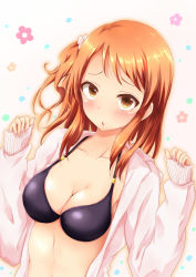 Rule 34 | 10s, 1girl, :o, bikini, bikini under clothes, black bikini, blush, breasts, brown eyes, chigusa, cleavage, female focus, fingernails, floral background, gradient background, hojo karen, idolmaster, idolmaster cinderella girls, large breasts, long fingernails, long hair, long sleeves, looking at viewer, nail polish, open clothes, open mouth, orange hair, pink nails, side ponytail, solo, swimsuit, swimsuit under clothes, upper body