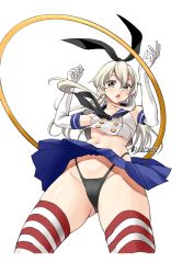 Rule 34 | 1girl, bad anatomy, bad arm, bad perspective, black neckerchief, black panties, blonde hair, blue sailor collar, blue skirt, blush, chestnut mouth, collarbone, commentary request, crop top, elbow gloves, gloves, grey eyes, groin, hair between eyes, highleg, highleg panties, highres, itachou, kantai collection, long hair, navel, neckerchief, open mouth, panties, pleated skirt, sailor collar, school uniform, serafuku, shimakaze (kancolle), simple background, skirt, sleeveless, solo, striped clothes, striped thighhighs, thighhighs, underwear, white background, white gloves