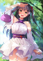 Rule 34 | 1girl, :d, arm at side, arm up, armpits, bag, bare shoulders, black hair, blush, breasts, commentary request, cowboy shot, dappled sunlight, day, detached sleeves, dress, groin, hair ribbon, handbag, highres, imachireki, large breasts, leaf, light rays, long hair, long sleeves, looking at viewer, moe2020, no panties, obi, open mouth, original, outdoors, red ribbon, ribbon, sash, shading eyes, smile, solo, straight hair, sunbeam, sunlight, tassel, thighs, tree, two side up, upskirt, very long hair, white dress, yellow eyes