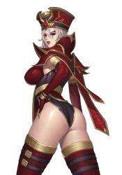 Rule 34 | 1girl, absurdres, armor, ass, breasts, elbow gloves, facial mark, from behind, gloves, hand on own hip, hat, heroes of the storm, highres, karmiel, large breasts, leotard, lips, lipstick, looking at viewer, looking back, makeup, parted lips, red eyes, sally whitemane, shiny skin, short hair, shoulder armor, simple background, smile, solo, thighhighs, thighs, warcraft, white background, white hair, world of warcraft