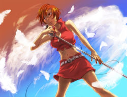 Rule 34 | 1girl, anno (pixiv55039), anno mana, bad id, bad pixiv id, belt, brown eyes, brown hair, cloud, day, feathers, meiko (vocaloid), microphone, microphone stand, midriff, nail polish, navel, red nails, short hair, skirt, sky, solo, vocaloid