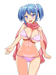 1girl :d bikini blue_eyes blue_hair breasts cameltoe cleavage cowboy_shot female_focus front-tie_top hair_ornament large_breasts looking_at_viewer matching_hair/eyes open_mouth original scarf smile solo swimsuit twintails underboob white_background whitemoor