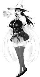 Rule 34 | 10s, 1girl, breasts, cape, dated, earrings, full body, greyscale, hand on own hip, hat, heart, highres, huge breasts, jewelry, kagari ayaka, long hair, miniskirt, monochrome, orushibu, pleated skirt, pout, short sleeves, simple background, skirt, solo, standing, thighhighs, translation request, white background, witch craft works, witch hat, zettai ryouiki
