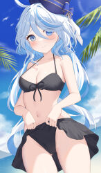 Rule 34 | 1girl, ahoge, bare arms, bare shoulders, bikini, bikini skirt, black bikini, black skirt, blue eyes, blue hair, blue headwear, blue sky, blush, breasts, cleavage, cloud, commentary request, day, furina (genshin impact), genshin impact, highres, long hair, looking at viewer, medium breasts, navel, nyuu (pixiv12143565), skirt, sky, solo, stomach, swimsuit, thighs, very long hair
