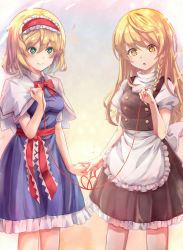 Rule 34 | 2girls, :o, alice margatroid, apron, blonde hair, blush, braid, breasts, buttons, capelet, double-breasted, green eyes, hairband, hand on own chest, highres, kirisame marisa, lace hairband, long hair, medium breasts, multiple girls, pinky out, short hair, side braid, string, string of fate, torottye, touhou, yellow background, yellow eyes, yuri