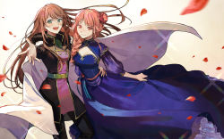 Rule 34 | 2girls, :d, bad id, bad pixiv id, black coat, black pants, blue dress, breasts, brown hair, cape, character request, cleavage, closed mouth, coat, dress, floating hair, flower, green eyes, hair flower, hair ornament, highres, long dress, long hair, medium breasts, motion blur, multiple girls, open mouth, outstretched arm, pants, parted bangs, petals, pink hair, pote-mm, reaching, reaching towards viewer, red eyes, red flower, red rose, rose, shrug (clothing), sleeveless, sleeveless dress, smile, sparkle, strapless, strapless dress, very long hair, white background, white cape