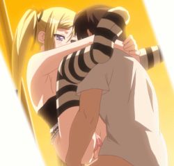 Rule 34 | 1boy, 1girl, animated, animated gif, arms around neck, blonde hair, bottomless, feet, held up, hetero, kanojo x kanojo x kanojo, no shoes, orifushi mafuyu, purple eyes, sex, shiki haruomi, soles, source request, spread legs, standing, standing sex, stitched, striped clothes, striped thighhighs, thighhighs, third-party edit, twintails, uncensored, vaginal