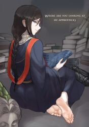 Rule 34 | 1girl, barefoot, black hair, blue eyes, book, book stack, braid, braided ponytail, closed mouth, elden ring, english text, feet, female focus, from behind, full body, hair tie, highres, holding, holding scroll, long hair, looking at viewer, looking back, robe, scathegrapes, scroll, sidelocks, sideways glance, single braid, sitting, smile, soles, sorceress sellen, toenails, toes, wariza