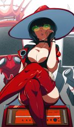 Rule 34 | 1girl, absurdres, arms up, bbhdrrr, black choker, black hair, blunt bangs, bustier, choker, collarbone, crop top, cropped jacket, crossed legs, fingerless gloves, glasses, gloves, guilty gear, guilty gear strive, hat, highres, i-no, jacket, looking at viewer, looking down, medium hair, mole, mole above mouth, red hat, red jacket, red thighhighs, short sleeves, sitting, solo, thighhighs, thighs, tinted eyewear, venus symbol, witch hat