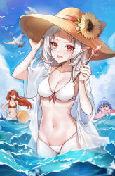 Rule 34 | 3girls, absurdres, ahoge, alternate costume, animal, ball, beach, beachball, bikini, bird, blue eyes, blue hair, blue sky, blush, breasts, brown headband, chibi, cleavage, closed mouth, cloud, collarbone, day, elf, eris greyrat, floating hair, flower, forehead, hair between eyes, hand on headwear, hand on own hip, hat, hat flower, headband, highres, holding, holding wand, holding weapon, humany, in water, innertube, jacket, large breasts, long hair, looking at viewer, looking away, medium breasts, medium hair, mixed-language commentary, multiple girls, mushoku tensei, navel, open clothes, open jacket, open mouth, outdoors, partially submerged, pointy ears, red bikini, red eyes, red hair, roxy migurdia, shark fin, short sleeves, sidelocks, sky, smile, spoilers, sun hat, sunflower, sunlight, swim ring, swimsuit, swimsuit cover-up, sylphiette (mushoku tensei), teeth, upper teeth only, wading, wand, water, weapon, wet, white bikini, white hair, white jacket