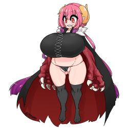 Rule 34 | 1girl, black panties, black thighhighs, breasts, cameltoe, claws, cleft of venus, cloak, dragon horns, ein457, fat mons, gluteal fold, gradient background, highres, horns, huge breasts, ilulu (maidragon), kobayashi-san chi no maidragon, legs, long hair, monster girl, multicolored hair, panties, partially visible vulva, pink hair, pointy ears, purple hair, red eyes, sharp teeth, simple background, slit pupils, solo, standing, teeth, thighhighs, twintails, two-tone hair, underwear, white background