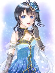 Rule 34 | 1girl, alternate hairstyle, artist name, artist request, asaka karin, bare shoulders, black gloves, blue detached collar, blue dress, blue eyes, blue flower, blue hair, blue skirt, blush, bracelet, breasts, celebrity in blue (love live!), cleavage, cleavage cutout, clothing cutout, collarbone, collared dress, curly hair, dark blue hair, dress, drill hair, female focus, flower, frilled dress, frilled skirt, frilled sleeves, frills, gloves, hair flower, hair ornament, half-closed eyes, highres, jewelry, kurage (0kurage3961), lace, lace-trimmed gloves, lace trim, long hair, looking at viewer, love live!, love live! nijigasaki high school idol club, love live! school idol festival, love live! school idol festival all stars, medium breasts, miniskirt, mole, mole on body, mole on breast, parted lips, pearl bracelet, plaid, plaid dress, plaid skirt, pleated, pleated dress, pleated skirt, short hair, side ponytail, skirt, sleeveless, sleeveless dress, smile, solo