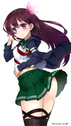 Rule 34 | 10s, 1girl, 2015, ass, bad id, bad pixiv id, black thighhighs, blush, brown hair, cowboy shot, crescent, crescent moon, dated, green skirt, hair ornament, highres, hood, hoodie, kantai collection, kisaragi (kancolle), kisaragi kai ni (kancolle), kuro chairo no neko, long hair, long sleeves, looking at viewer, moon, paw print, pleated skirt, purple eyes, school uniform, serafuku, simple background, skirt, smile, solo, thighhighs, twitter username, white background, wind, wind lift