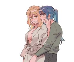 Rule 34 | 2girls, bathrobe, blue hair, blush, breasts, cleavage, commentary request, cowboy shot, green eyes, green shirt, grey pants, grey robe, hand on another&#039;s face, highres, hug, hug from behind, korean commentary, large breasts, long hair, long sleeves, looking at another, love live!, love live! sunshine!!, matsuura kanan, multiple girls, ohara mari, pants, parted lips, pito (sh02327), ponytail, robe, shirt, simple background, smile, white background, yuri