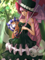 Rule 34 | 1girl, absurdres, bare arms, bin (binonep), black dress, black eyes, black hat, blunt bangs, breasts, cleavage, closed mouth, collarbone, day, devil fruit, dress, drill hair, flower, forest, ghost, hat, hat flower, highres, holding, holding umbrella, horo horo no mi, layered dress, long hair, looking at viewer, nature, one piece, outdoors, perona, pink hair, red umbrella, sketch, small breasts, solo, standing, strapless, strapless dress, umbrella, very long hair, white flower