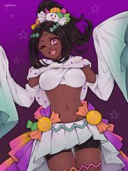 Rule 34 | 1girl, ;d, artist name, black shorts, brown hair, candy hair ornament, cowboy shot, crop top, dark-skinned female, dark skin, fire emblem, fire emblem engage, fire emblem heroes, food-themed hair ornament, ghost hair ornament, hair ornament, halloween, halloween costume, high ponytail, highres, long hair, long sleeves, looking at viewer, midriff, navel, nintendo, official alternate costume, one eye closed, open mouth, ponytail, purple background, red eyes, shorts, shorts under skirt, skirt, sleeves past fingers, sleeves past wrists, smile, solo, star-shaped pupils, star (symbol), symbol-shaped pupils, symoca, timerra (fire emblem), timerra (halloween) (fire emblem), white skirt, wide sleeves