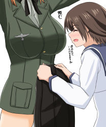 Rule 34 | 2girls, blush, brave witches, breasts, brown hair, dress, closed eyes, gundula rall, highres, large breasts, military, military uniform, miyafuji yoshika, multiple girls, open mouth, sailor dress, shikokuken (mrykk24), short hair, simple background, smile, strike witches, translation request, uniform, white background, world witches series