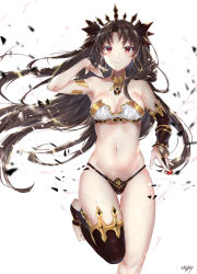 Rule 34 | 1girl, absurdres, armlet, asymmetrical legwear, asymmetrical sleeves, bare shoulders, bikini, black bow, blush, bow, breasts, brown hair, cleavage, closed mouth, collarbone, detached sleeves, earrings, ereshkigal (fate), fate/grand order, fate (series), gem, gold trim, hair bow, highleg, highleg bikini, highres, hitomin (ksws7544), hoop earrings, ishtar (fate), jewelry, long hair, looking at viewer, medium breasts, navel, neck ring, parted bangs, red eyes, red gemstone, simple background, single detached sleeve, single thighhigh, smile, solo, sparkle, swimsuit, thighhighs, thighs, tiara, two side up, uneven legwear, uneven sleeves, white background, wind, wind lift