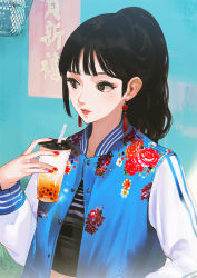 Rule 34 | 1girl, black hair, brown eyes, bubble tea, commentary request, crop top, cup, disposable cup, drinking straw, earrings, ekao, eyelashes, flat chest, floral print, jacket, jewelry, letterman jacket, lipstick, long hair, makeup, mascara, nail polish, nose, original, ponytail, red nails, solo, sukajan