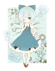 Rule 34 | 1girl, blue eyes, blue hair, bow, child, cirno, dress, finger to mouth, flower, hair bow, heart, highres, ice, mary janes, matching hair/eyes, mike (mikeneko), one eye closed, polka dot, shoes, solo, touhou, white legwear, wings, wink
