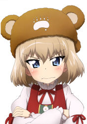 Rule 34 | 1girl, absurdres, blonde hair, blue eyes, crossed arms, dress, girls und panzer, hair between eyes, highres, kanau, katyusha (girls und panzer), long sleeves, looking at viewer, pout, short hair, simple background, slavic clothes, solo, upper body, white background