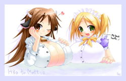 Rule 34 | 2girls, animal ears, bell, neck bell, blonde hair, blush, borrowed character, breasts, brown eyes, brown hair, head rest, collar, cow ears, cow girl, cow horns, cowbell, ego trigger, emperpep, green eyes, horns, huge breasts, impossible clothes, long hair, maid, maid headdress, mattie (ego trigger), multiple girls, one eye closed, open clothes, open shirt, original, otome (ego trigger), shirt, short twintails, sweatdrop, twintails, unbuttoned, wink