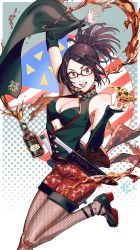 Rule 34 | 1girl, absurdres, black gloves, black hair, bottle, breasts, cleavage, cleavage cutout, clothing cutout, dagger, daikou-chan, elbow gloves, fishnets, food, glasses, gloves, halftone, highres, holding, holding food, holding pizza, indie virtual youtuber, knife, kson, large breasts, mole, mole under eye, nail polish, pantyhose, parted bangs, parted hair, pizza, pizza slice, ponytail, product placement, purple eyes, red-framed eyewear, red shorts, sandal master, sheath, sheathed, shoes, shorts, soda, solo, strappy heels, virtual youtuber, weapon