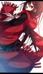 Rule 34 | 1girl, black hair, dutch angle, enpera, hair ornament, hairclip, kagerou project, long hair, looking at viewer, looking back, nuira, red eyes, red scarf, scarf, school uniform, serafuku, simple background, solo, tateyama ayano, white background