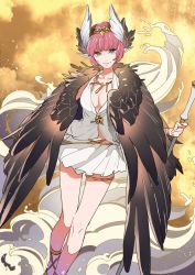 Rule 34 | 1girl, bracelet, circe (fate), closed mouth, cloud, copyright request, fate/grand order, fate (series), feathered wings, feet out of frame, fingernails, green eyes, hairband, highres, holding, holding staff, jewelry, legband, necklace, no bra, pink hair, pleated skirt, pointy ears, sandals, skirt, smile, solo, staff, tenobe, vest, white skirt, white vest, wings