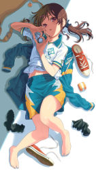 Rule 34 | 1girl, aoi sora (pairan), bag, barefoot, brown eyes, brown hair, clothes on floor, converse, face, feet, from above, gym shorts, gym uniform, heart, heart hands, highres, lying, midriff, navel, on back, original, pairan, shoes, unworn shoes, short twintails, shorts, sneakers, sock pull, solo, teeth, toes, twintails