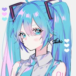 Rule 34 | 1girl, ahoge, bare shoulders, blue eyes, blue hair, blue necktie, blush, collared shirt, hair between eyes, hair ornament, hatsune miku, heart, highres, long hair, looking at viewer, necktie, number tattoo, pecchii, portrait, shirt, sidelocks, signature, simple background, sleeveless, sleeveless shirt, solo, tattoo, twintails, vocaloid, white background, white shirt