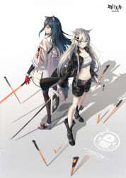 Rule 34 | 2girls, animal ear fluff, animal ears, arknights, bandeau, bare legs, black footwear, black hair, black jacket, black legwear, black shorts, blush, boots, breasts, commentary request, fingerless gloves, from behind, gloves, gradient background, grey background, grey eyes, grey gloves, hair between eyes, hair ornament, hairclip, highres, holding, holding sword, holding weapon, jacket, katana, lappland (arknights), long hair, long sleeves, looking at viewer, medium breasts, midriff, multiple girls, navel, official alternate costume, pantyhose, profile, red eyes, red gloves, scar, scar across eye, scar on face, shadow, shoes, shorts, silver hair, sin., stomach, strapless, sword, texas (arknights), texas (winter messenger) (arknights), tube top, weapon, white background, white footwear, white jacket, wide sleeves, wolf ears