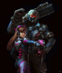 Rule 34 | 1boy, 1girl, absurdres, acronym, aiming, animal print, artist name, ass, black background, bodysuit, breasts, brown eyes, brown hair, brown pants, character name, charm (object), clothes writing, cowboy shot, d.va (overwatch), emblem, facepaint, facial mark, finger on trigger, from behind, gloves, glowing, gun, hand on own hip, headphones, high collar, highres, holding, holding gun, holding weapon, jacket, jong hwan, long hair, long sleeves, looking at viewer, mask, medium breasts, mouth mask, overwatch, overwatch 1, pants, pilot suit, pink lips, pouch, rabbit print, ribbed bodysuit, rifle, scar, short hair, shoulder pads, signature, simple background, skin tight, soldier: 76 (overwatch), swept bangs, visor, weapon, whisker markings, white gloves, white hair, zipper