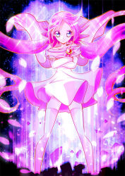 Rule 34 | 1girl, blue eyes, cape, character request, closed mouth, crossed arms, detached sleeves, dress, long sleeves, looking at viewer, parted bangs, pink cape, pink dress, pink hair, pink thighhighs, precure, sash, short dress, short hair, sleeveless, sleeveless dress, solo, standing, thighhighs, tomo5656ky, white sleeves, zettai ryouiki