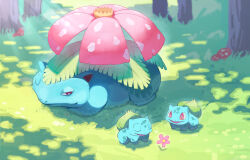 Rule 34 | absurdres, bright pupils, bulbasaur, commentary request, creatures (company), day, flower, game freak, gen 1 pokemon, grass, highres, light rays, lying, mishio (misio 40), nintendo, no humans, open mouth, outdoors, pink flower, pokemon, pokemon (creature), smile, tree, venusaur, white pupils